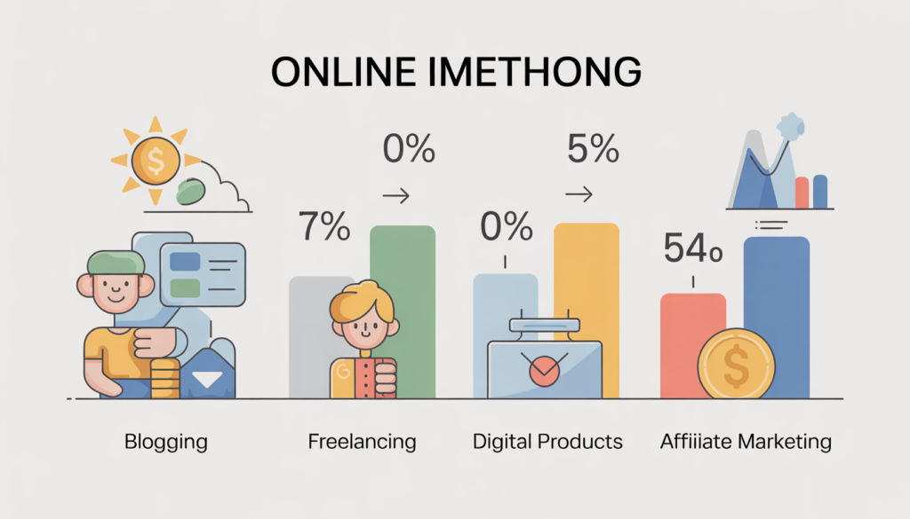A clean infographic-style illustration comparing online income methods such as blogging, freelancing, digital products, and affiliate marketing. Simple icons, soft gradients, neutral colors, minimal design, data visualization elements like bars and charts, no numbers exaggerated, no promises, educational tone, designed for a finance and online earning blog audience in the USA.