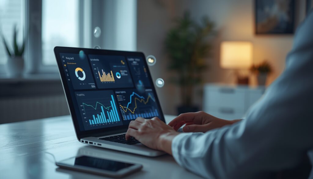A modern blogger working on a laptop in a clean home office, SEO analytics dashboard glowing on the laptop screen, keyword charts, traffic graphs, and search icons subtly floating around, calm focused mood, realistic photography style, professional lighting, no text